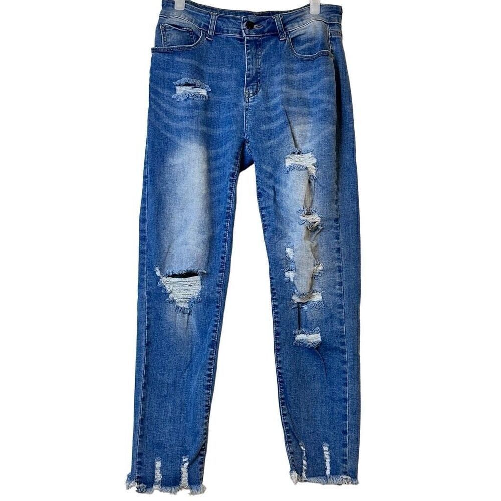 H&M High Rise Raw Cut Frayed Hem Distressed Ankle Denim Jeans Medium Wash Large